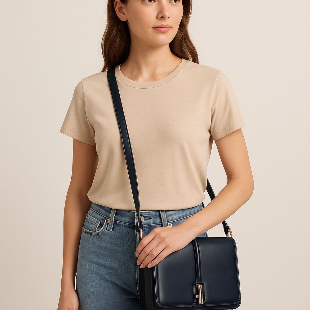 Vintage Navy Leather Shoulder Bag Structured Crossbody 9.5 x 8